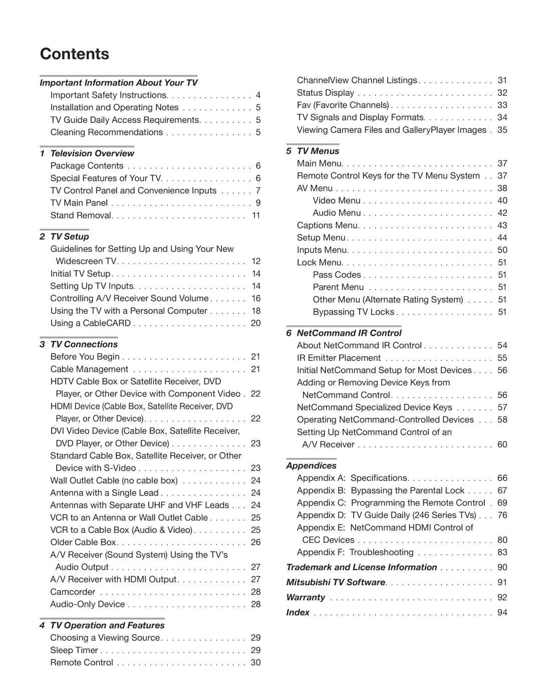 Mitsubishi Electronics LT-46246, LT-46148, LT-40148, LT-52246, LT-52148 manual Contents 