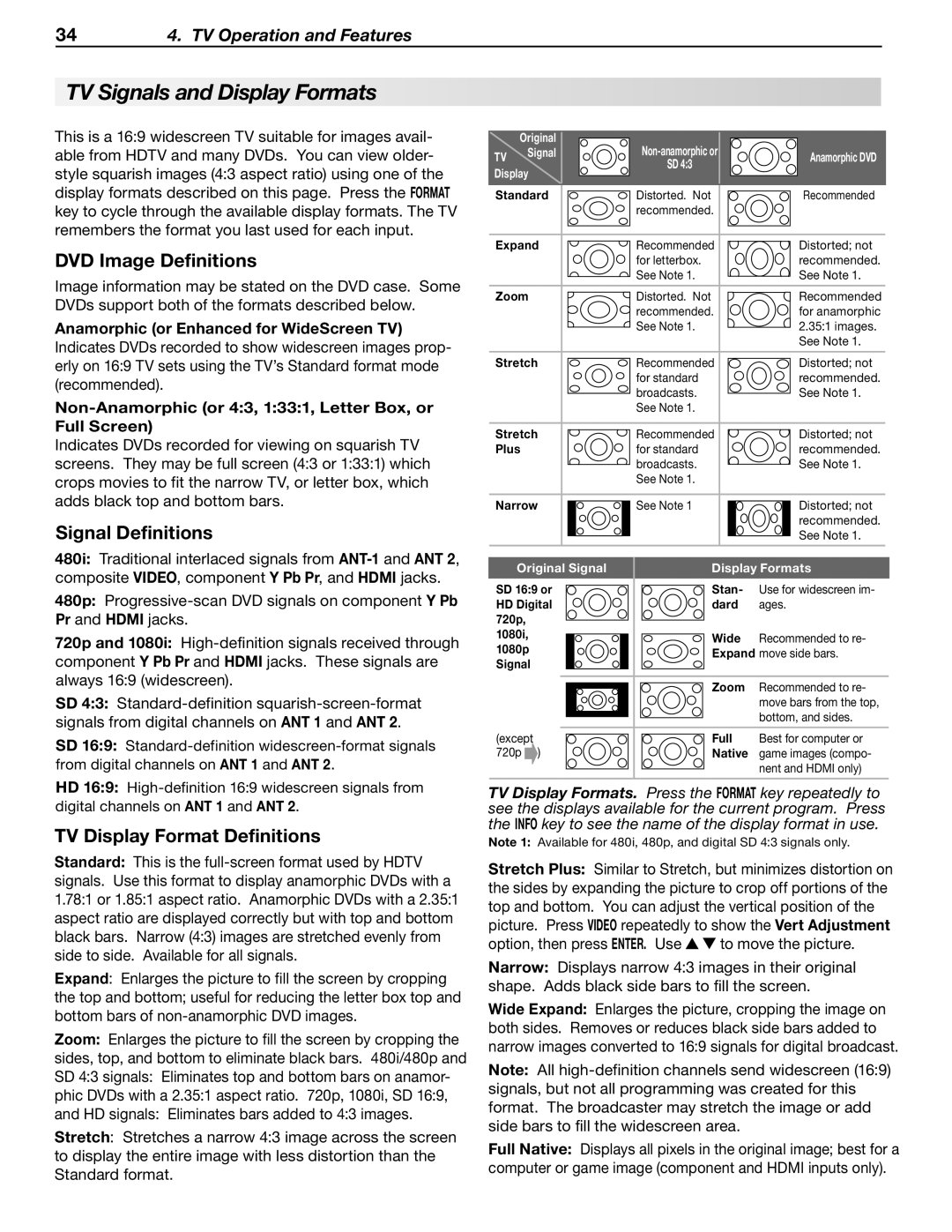 Mitsubishi Electronics LT-52148, LT-46148 manual TV Signals and Display Formats, DVD Image Definitions, Signal Definitions 