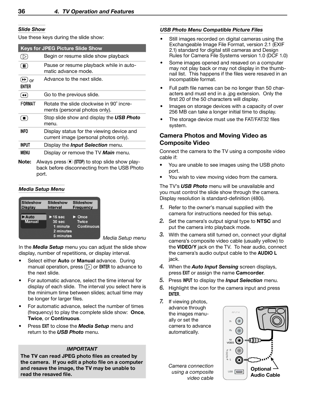 Mitsubishi Electronics LT-40148, LT-46148 Camera Photos and Moving Video as Composite Video, Slide Show, Media Setup Menu 