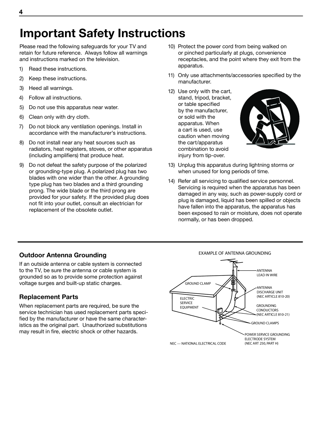 Mitsubishi Electronics LT-52148, LT-46148, LT-40148, LT-52246, LT-46246 manual Outdoor Antenna Grounding, Replacement Parts 