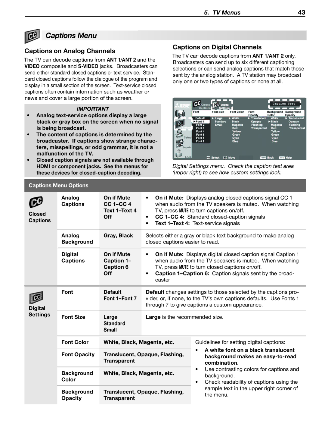 Mitsubishi Electronics LT-46246, LT-46148 manual Captions Menu, Captions on Analog Channels, Captions on Digital Channels 