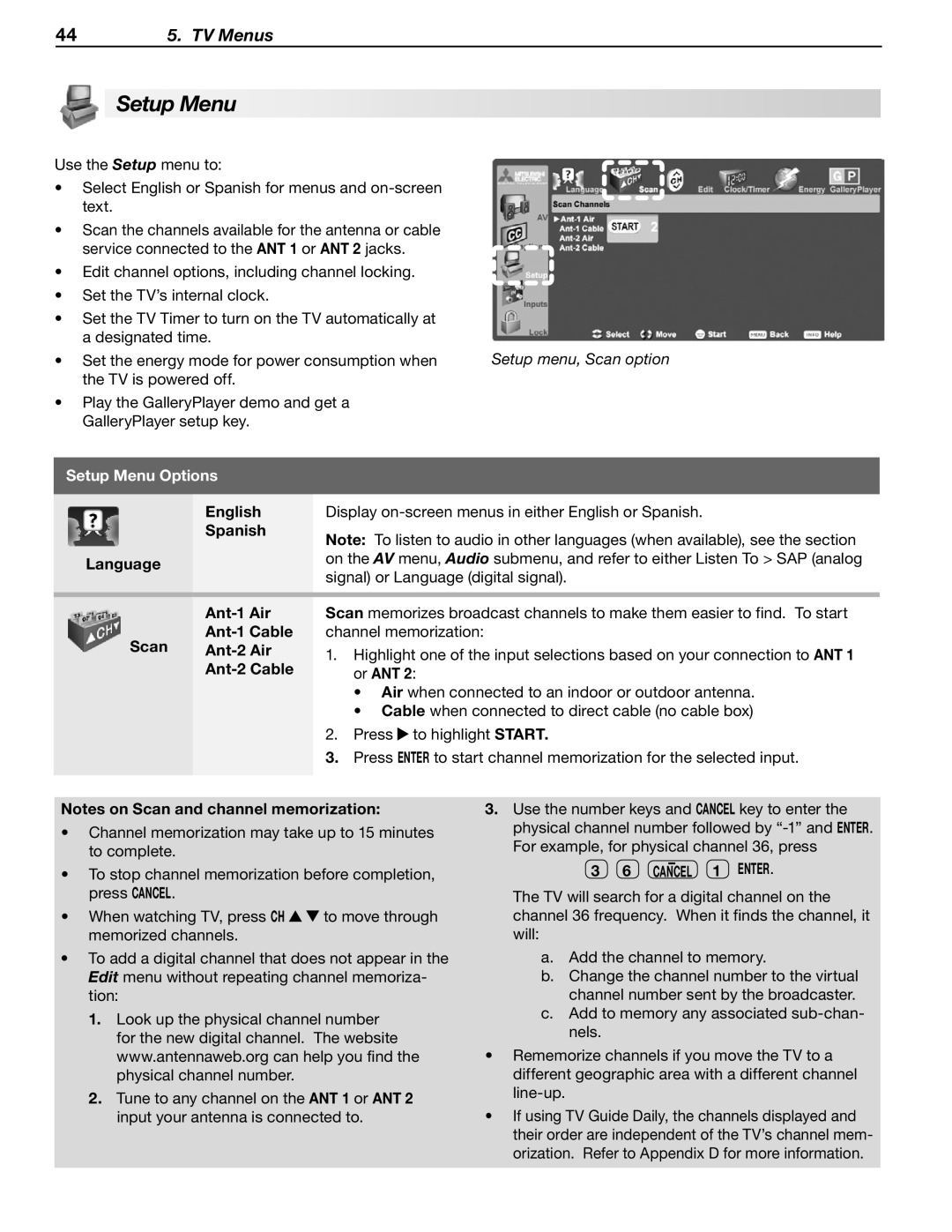 Mitsubishi Electronics LT-52148, LT-46148, LT-40148, LT-52246, LT-46246 manual Setup Menu Options, Enter 