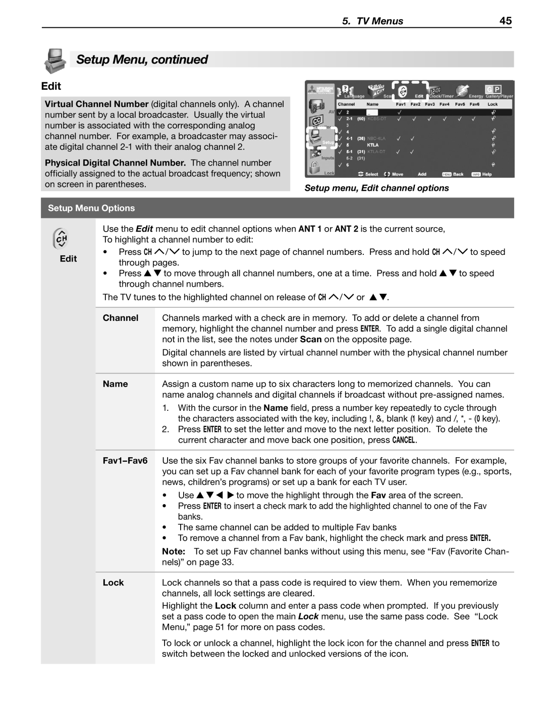 Mitsubishi Electronics LT-46148, LT-40148, LT-52246, LT-46246, LT-52148 manual Setup menu, Edit channel options 