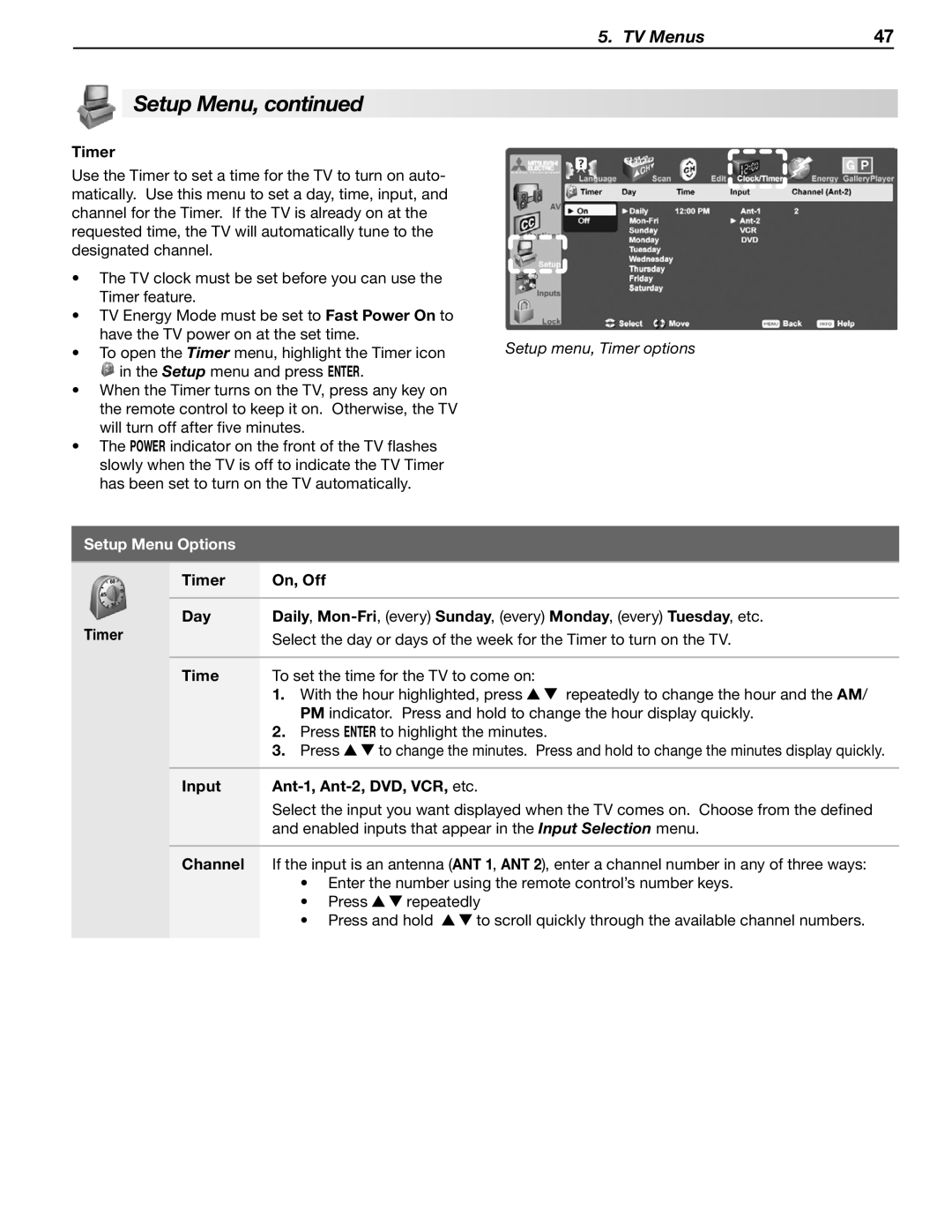 Mitsubishi Electronics LT-52246, LT-46148, LT-40148, LT-46246, LT-52148 manual Setup menu, Timer options 