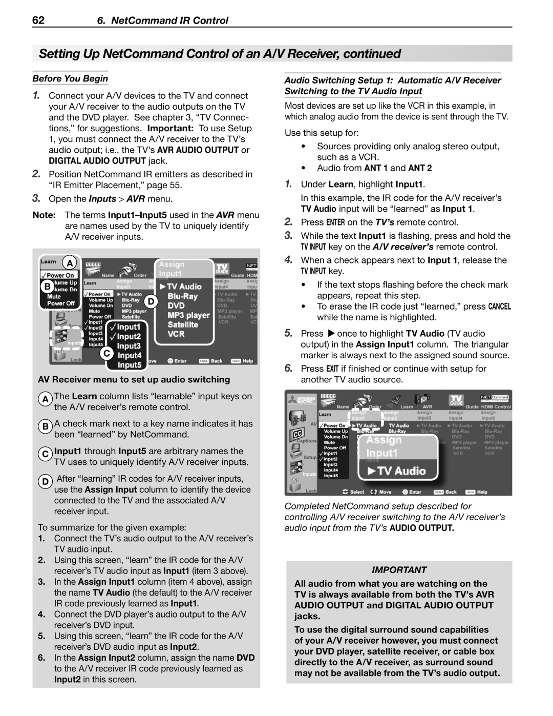 Mitsubishi Electronics LT-52246, LT-46148, LT-40148, LT-46246, LT-52148 manual AV Receiver menu to set up audio switching 