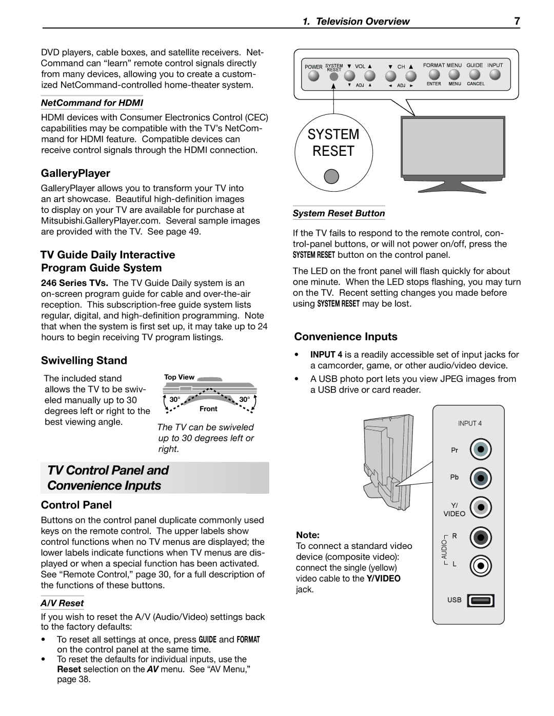 Mitsubishi Electronics LT-52246 TV Control Panel Convenience Inputs, GalleryPlayer, Convenience Inputs Swivelling Stand 