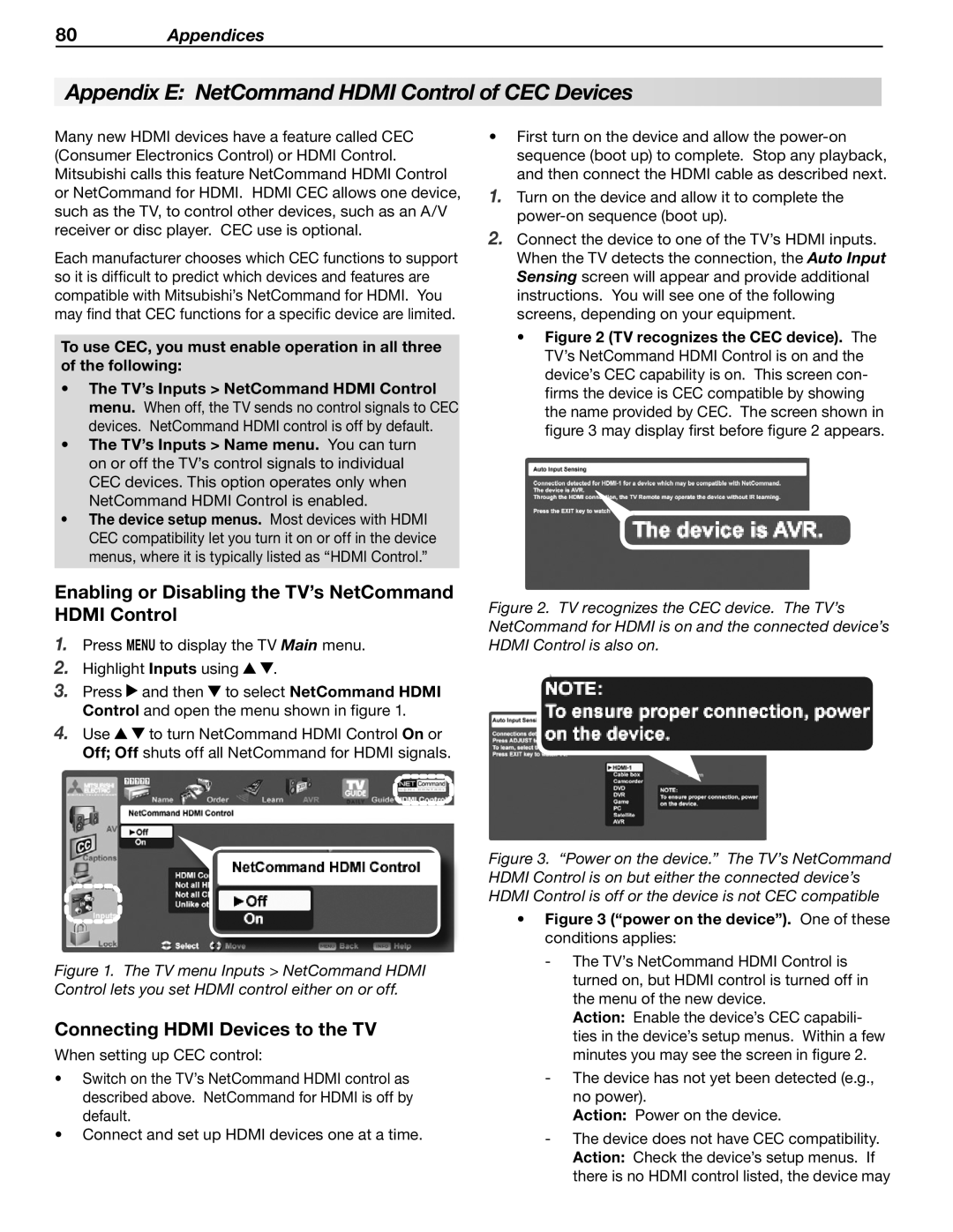 Mitsubishi Electronics LT-46148 manual Appendix E NetCommand Hdmi Control of CEC Devices, Connecting Hdmi Devices to the TV 