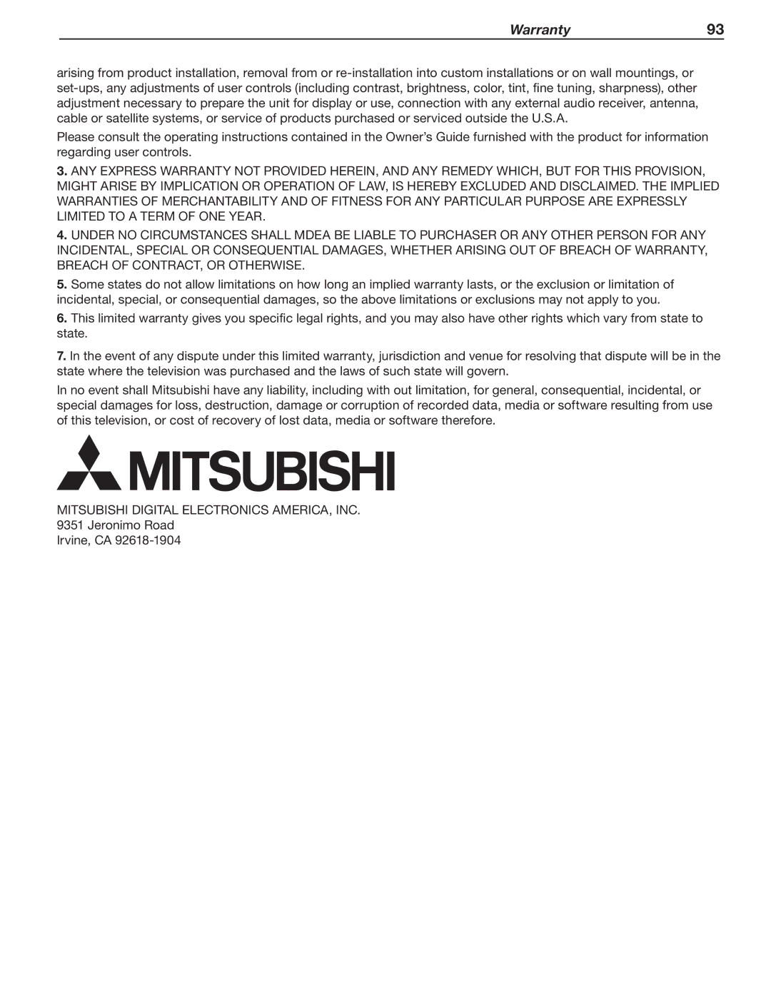 Mitsubishi Electronics LT-46246, LT-46148, LT-40148, LT-52246, LT-52148 manual Warranty93 