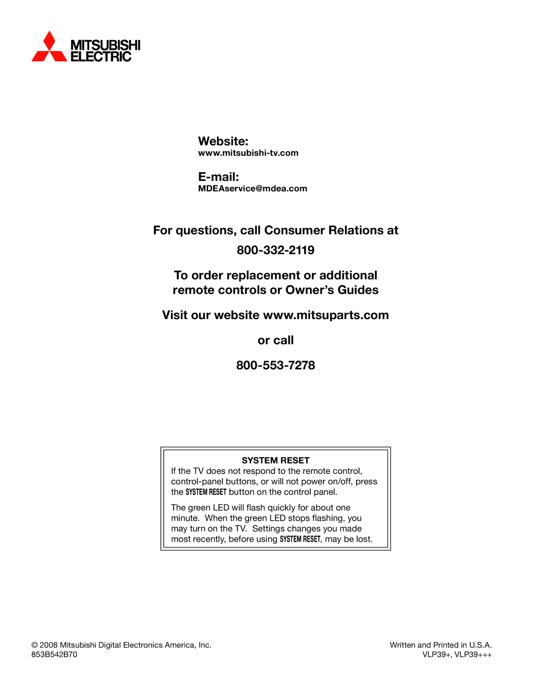 Mitsubishi Electronics LT-40148, LT-46148, LT-52246, LT-46246, LT-52148 manual MDEAservice@mdea.com, System Reset 