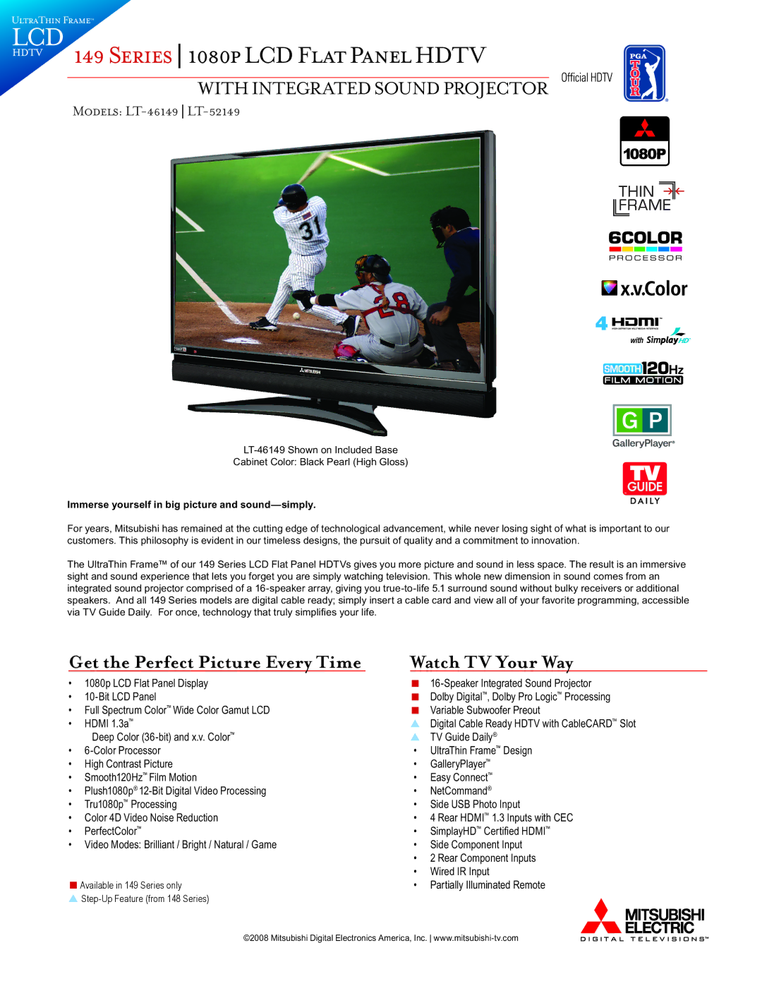 Mitsubishi Electronics LT-52149, LT-46149 manual Series 1080p LCD Flat Panel Hdtv, Watch TV Your Way 