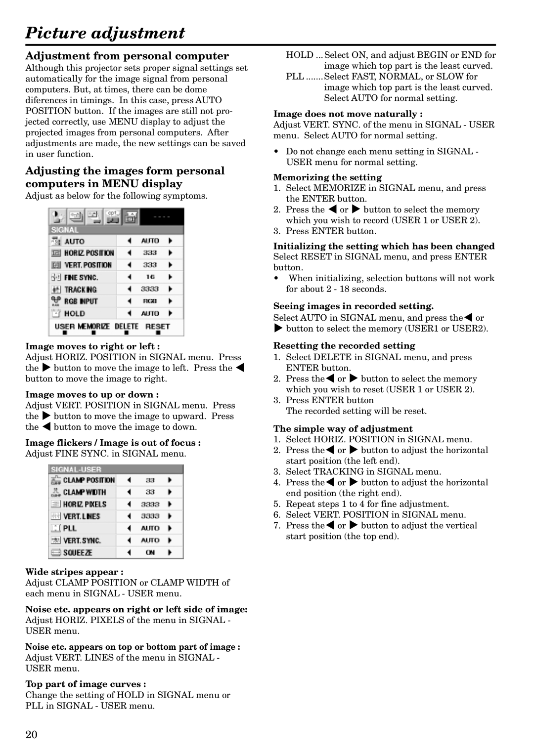 Mitsubishi Electronics LVP-S120A user manual Picture adjustment, Adjustment from personal computer 