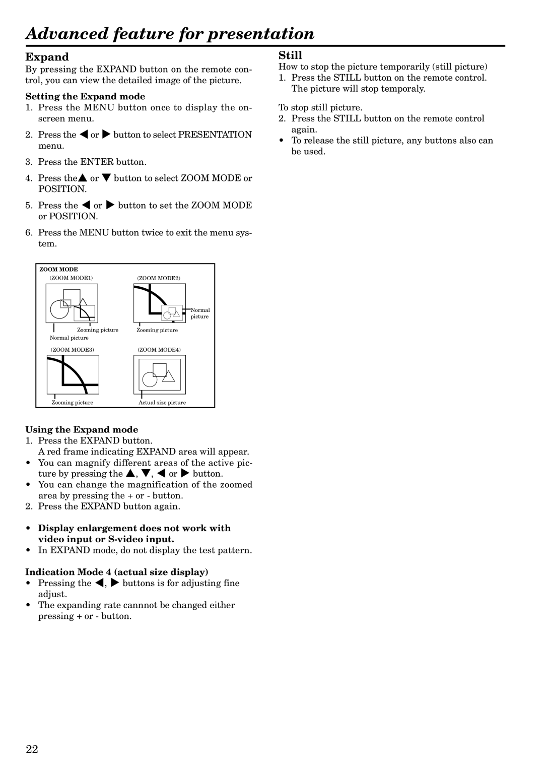 Mitsubishi Electronics LVP-S120A user manual Advanced feature for presentation, Expand, Still 