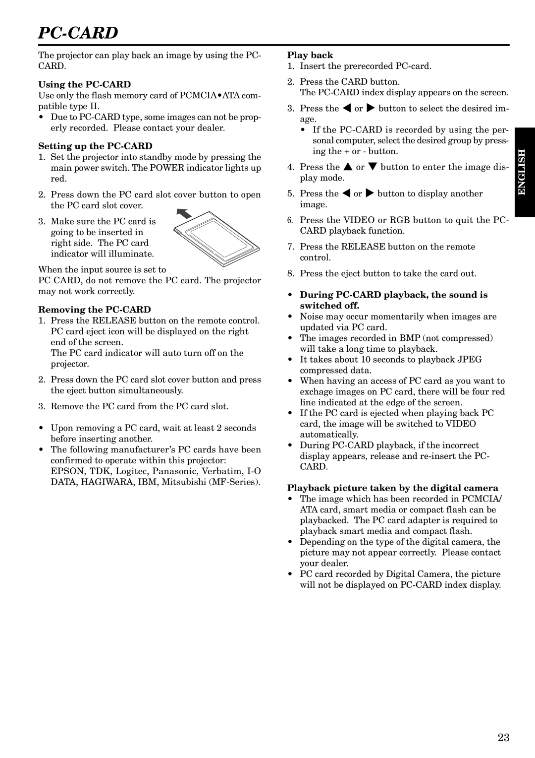 Mitsubishi Electronics LVP-S120A user manual Using the PC-CARD, Setting up the PC-CARD, Removing the PC-CARD, Play back 