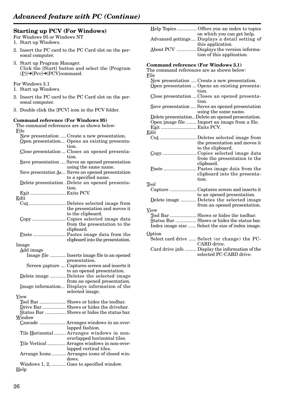 Mitsubishi Electronics LVP-S120A user manual Starting up PCV For Windows, Command reference For Windows 