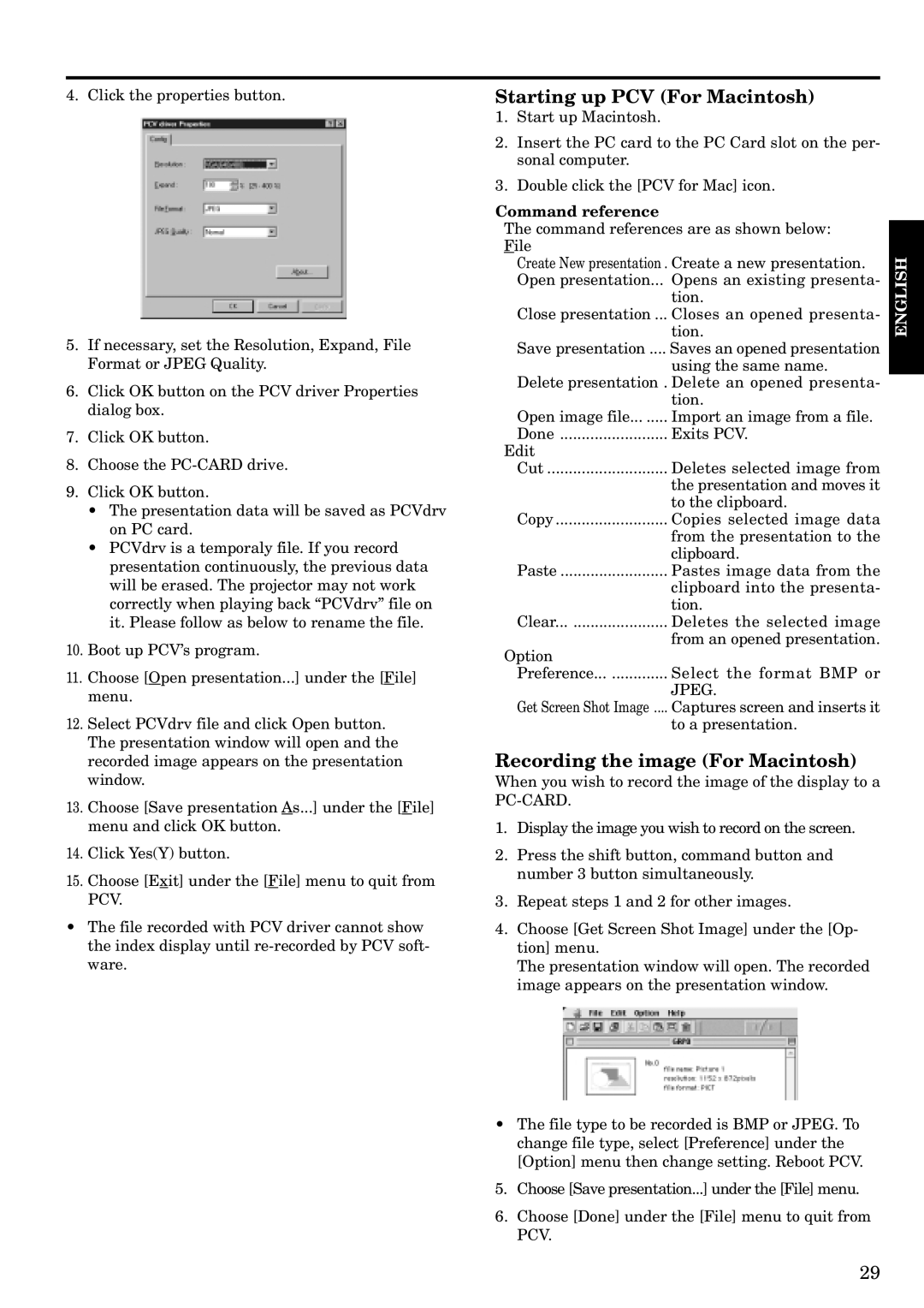 Mitsubishi Electronics LVP-S120A Starting up PCV For Macintosh, Recording the image For Macintosh, Command reference 