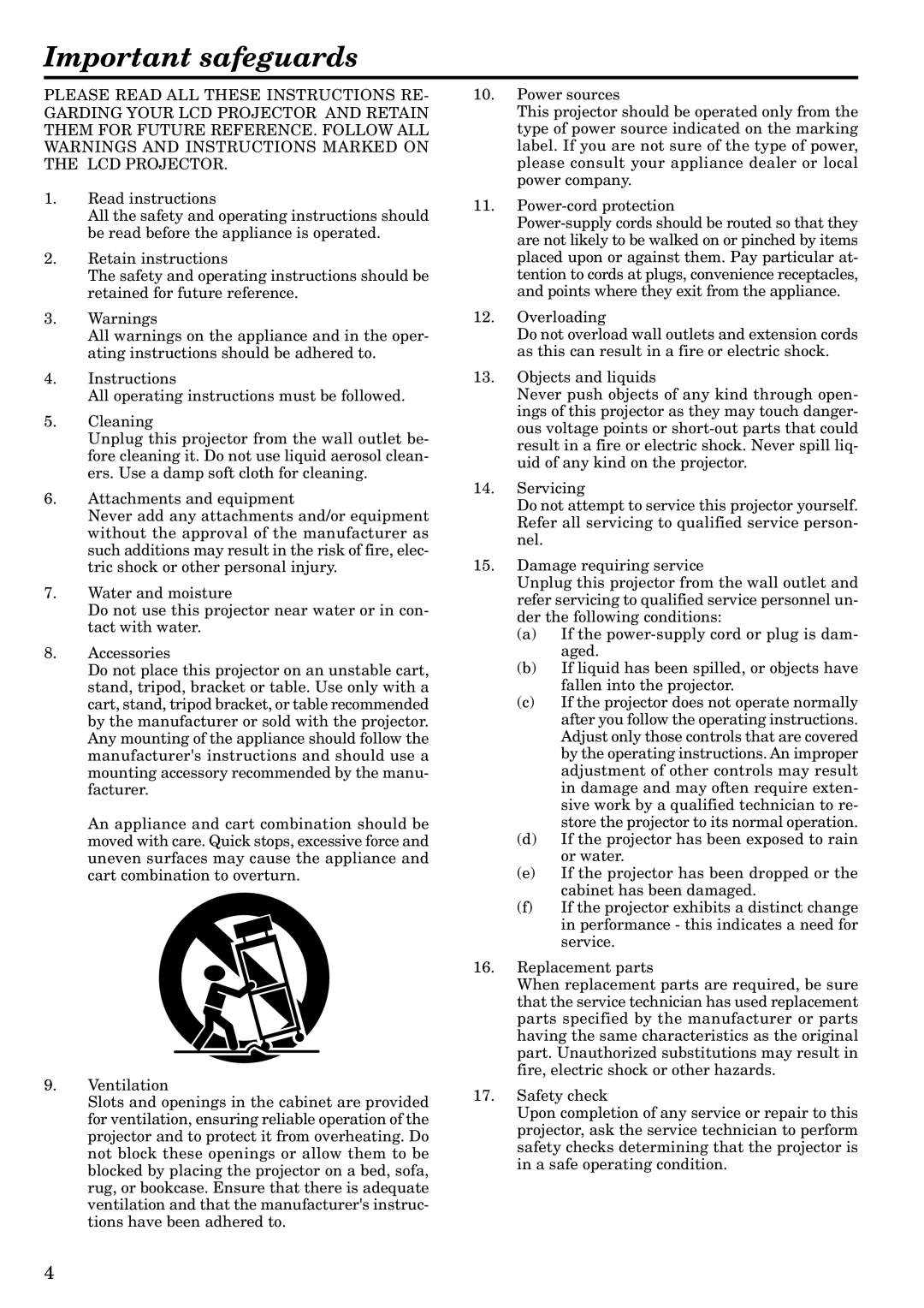 Mitsubishi Electronics LVP-S120A user manual Important safeguards 