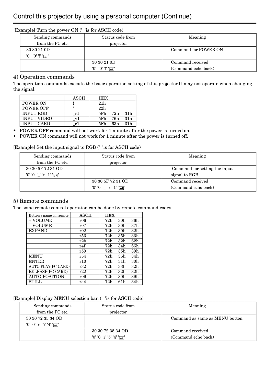 Mitsubishi Electronics LVP-S120A user manual Operation commands, Remote commands 