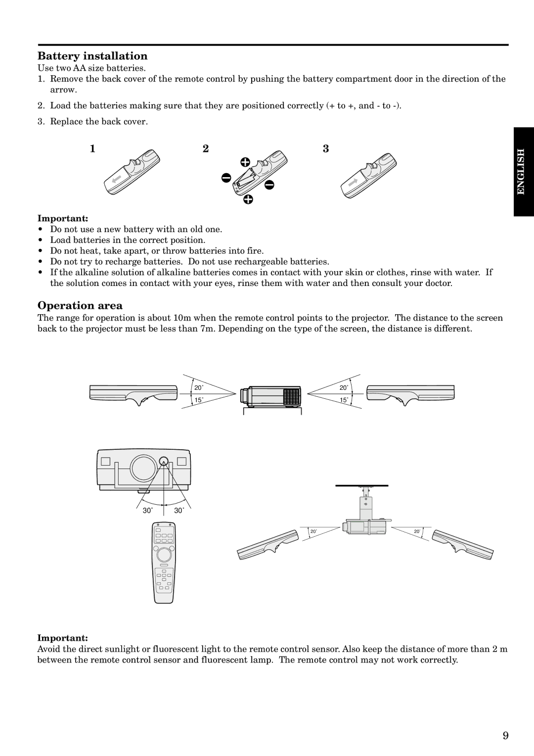 Mitsubishi Electronics LVP-S120A user manual Battery installation, Operation area 