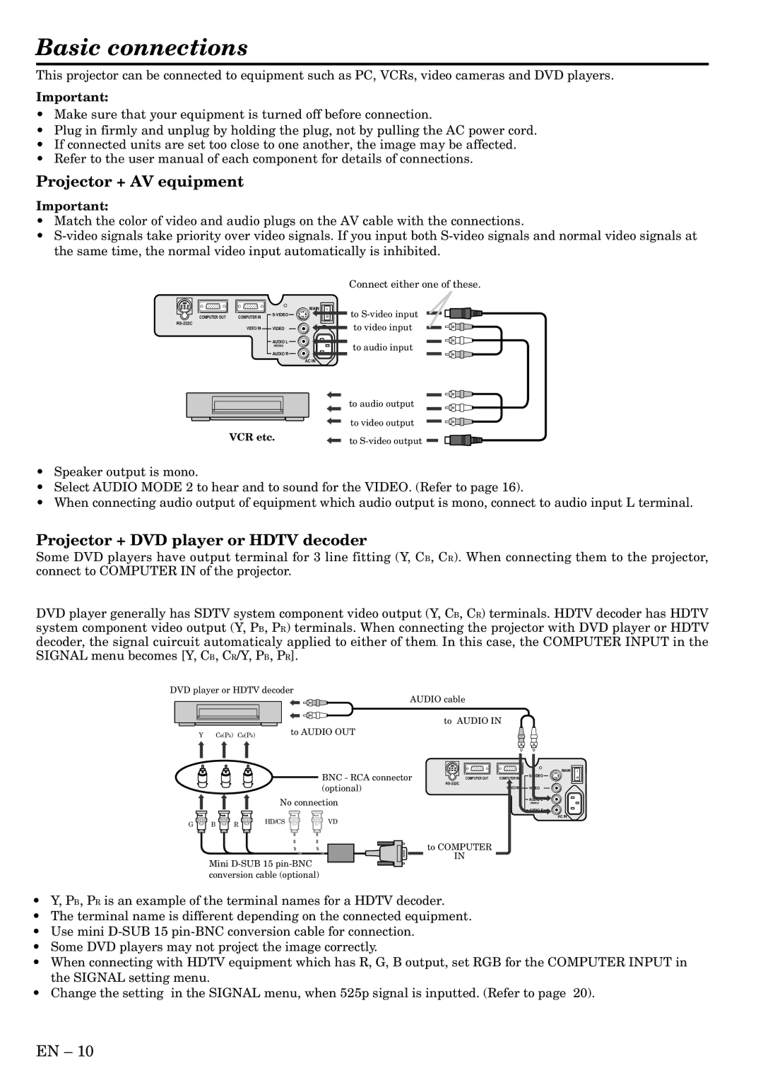 Mitsubishi Electronics LVP-SA51U Basic connections, Projector + AV equipment, Projector + DVD player or Hdtv decoder 