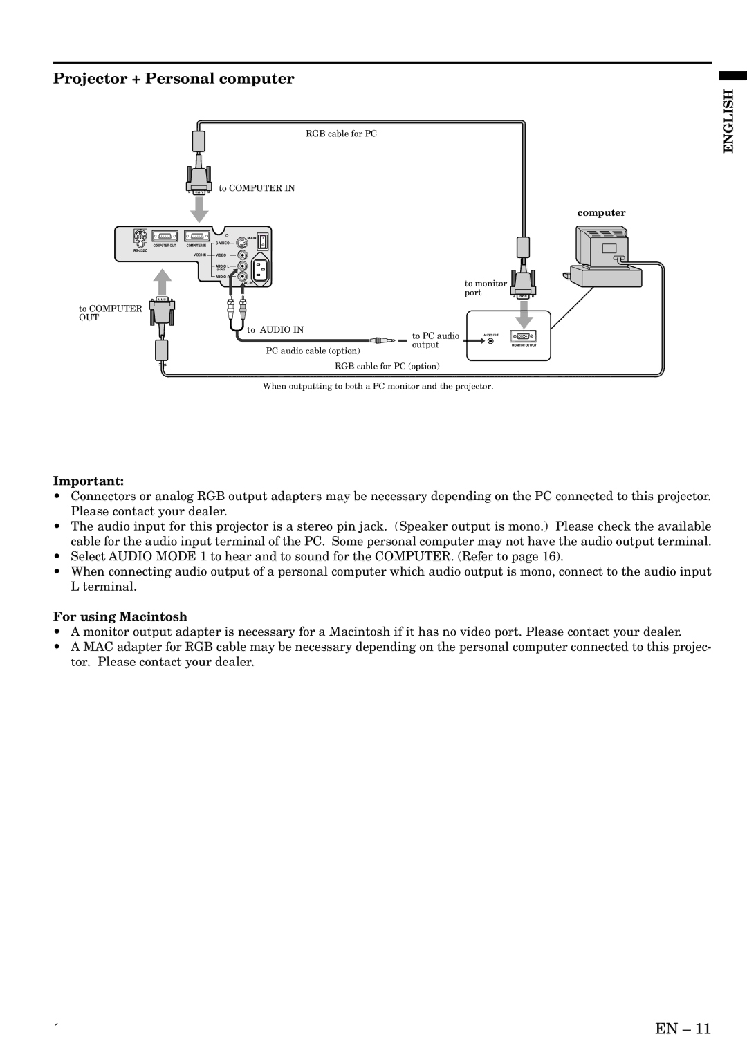 Mitsubishi Electronics LVP-SA51U user manual Projector + Personal computer, For using Macintosh 