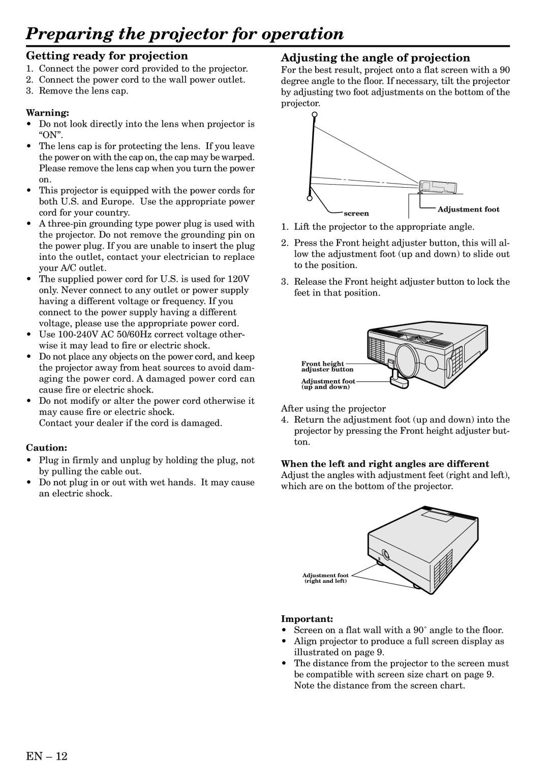 Mitsubishi Electronics LVP-SA51U user manual Preparing the projector for operation, Getting ready for projection 