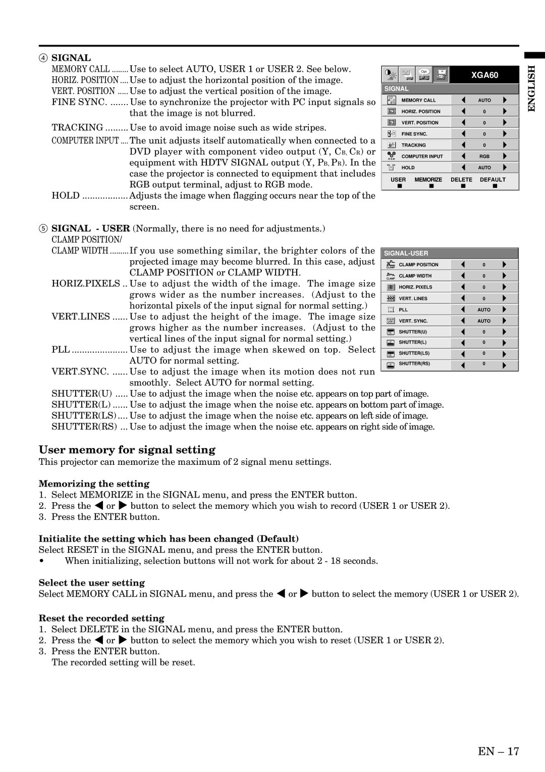 Mitsubishi Electronics LVP-SA51U user manual User memory for signal setting 