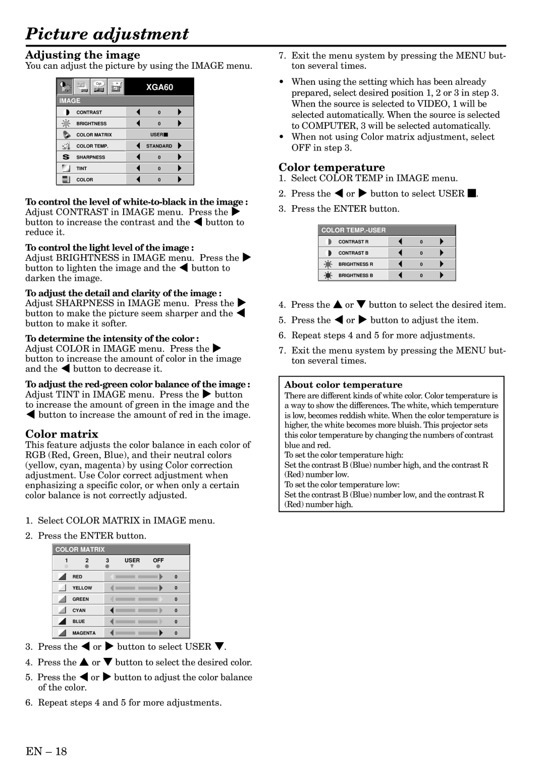 Mitsubishi Electronics LVP-SA51U user manual Picture adjustment, Adjusting the image, Color matrix, Color temperature 