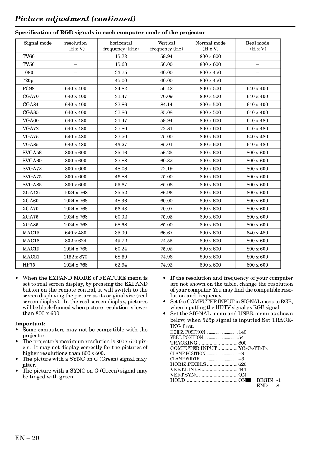 Mitsubishi Electronics LVP-SA51U user manual Picture adjustment 