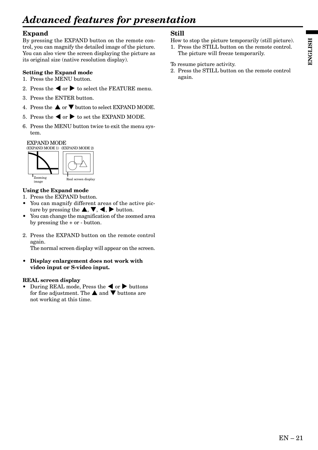 Mitsubishi Electronics LVP-SA51U user manual Advanced features for presentation, Still, Setting the Expand mode 