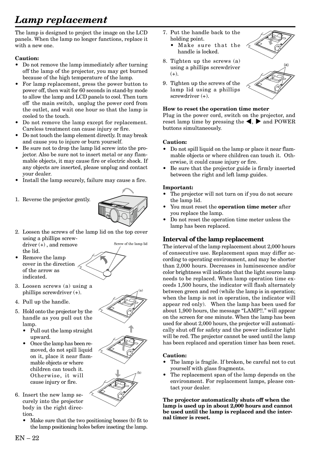 Mitsubishi Electronics LVP-SA51U Lamp replacement, Interval of the lamp replacement, How to reset the operation time meter 