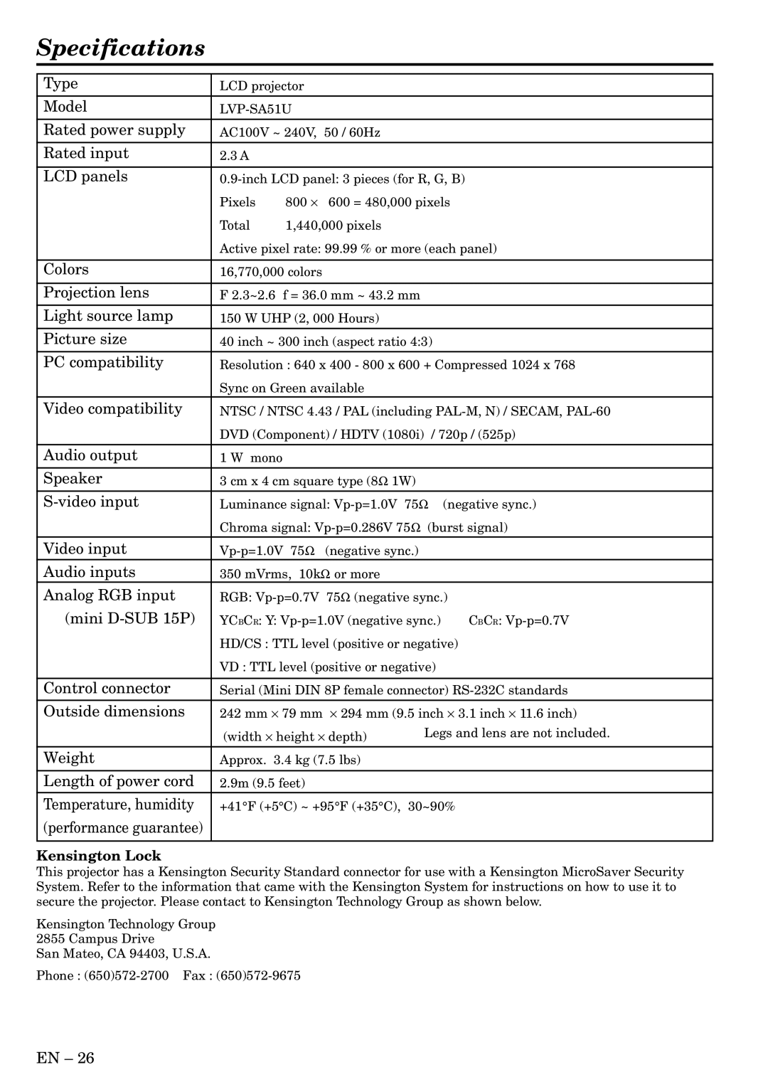 Mitsubishi Electronics LVP-SA51U user manual Specifications 