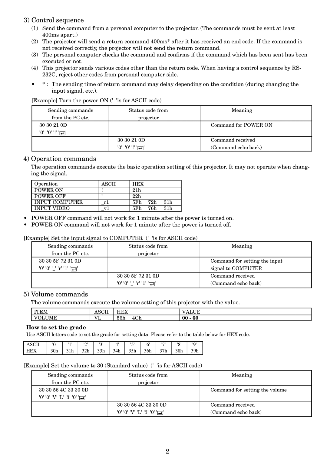 Mitsubishi Electronics LVP-SA51U user manual Control sequence, Operation commands, Volume commands, How to set the grade 