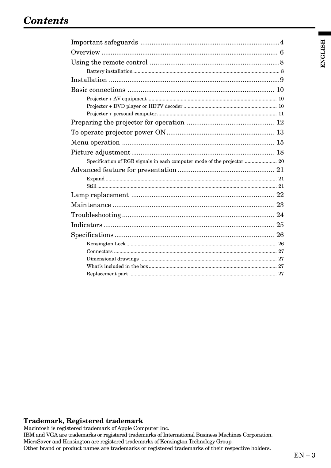 Mitsubishi Electronics LVP-SA51U user manual Contents 