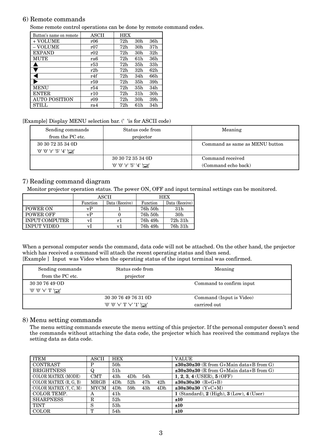 Mitsubishi Electronics LVP-SA51U user manual Remote commands, Reading command diagram, Menu setting commands 