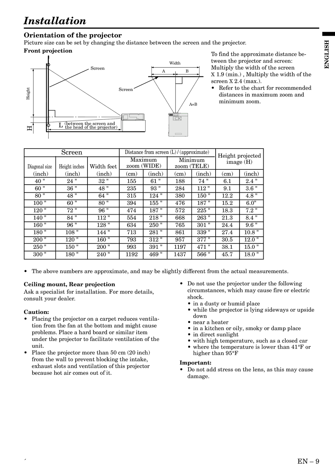 Mitsubishi Electronics LVP-SA51U user manual Installation, Orientation of the projector, Screen, Front projection 