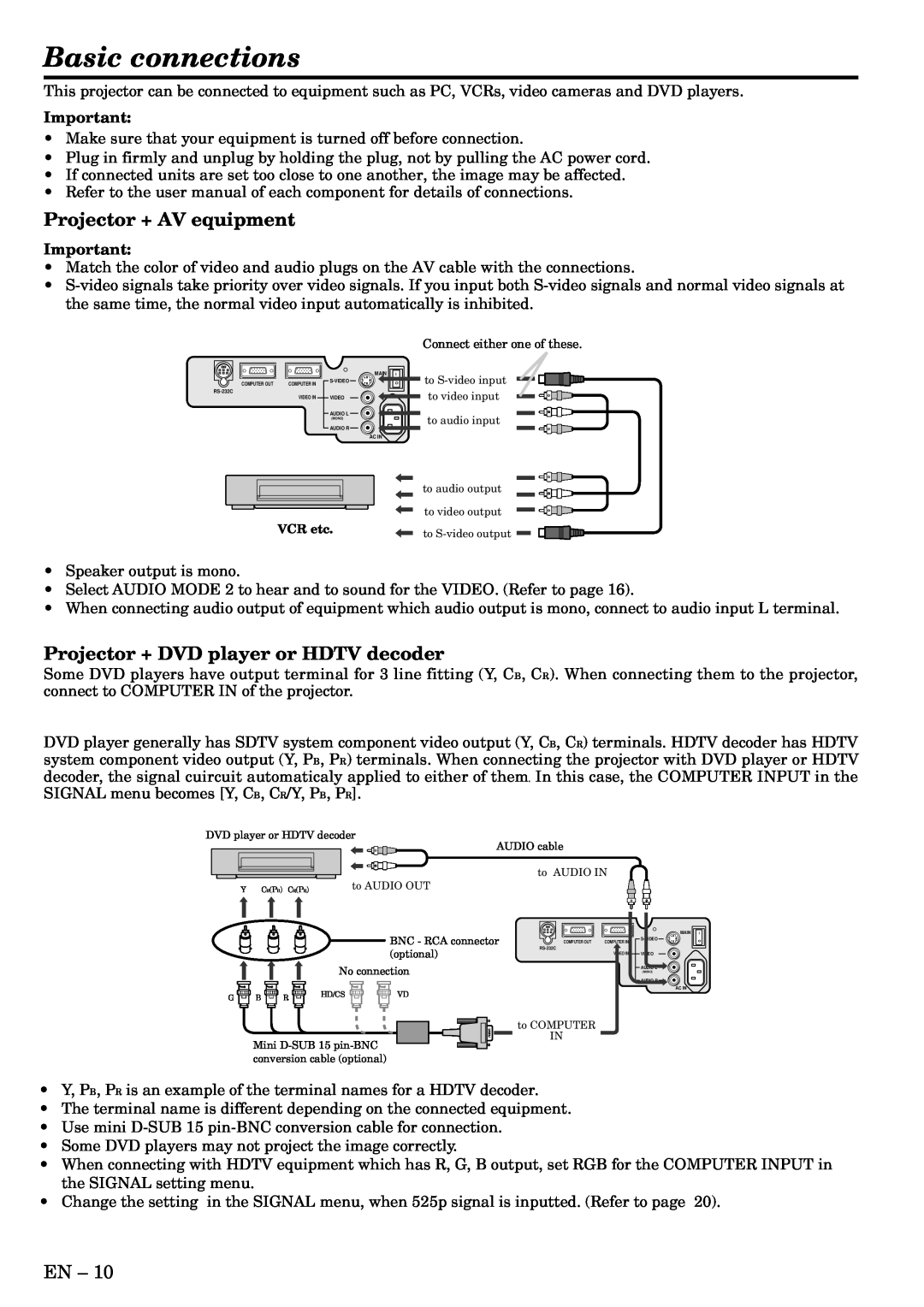 Mitsubishi Electronics LVP-SA51U Basic connections, Projector + AV equipment, Projector + DVD player or HDTV decoder 
