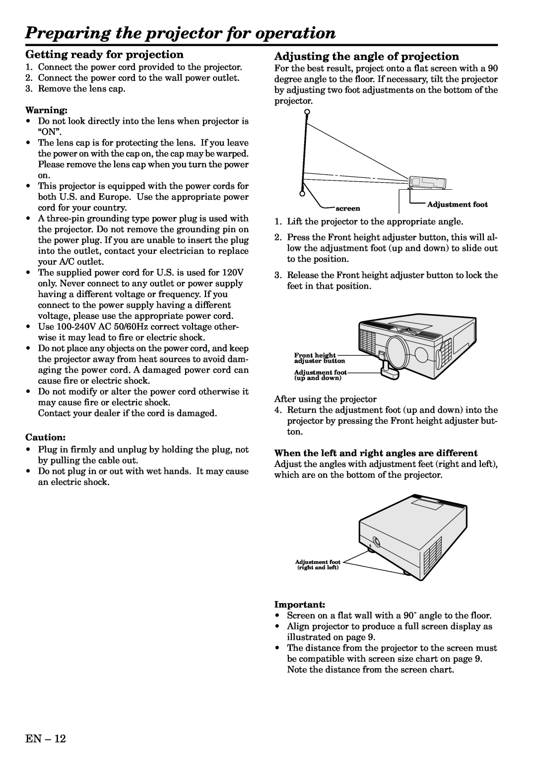 Mitsubishi Electronics LVP-SA51U user manual Preparing the projector for operation, Getting ready for projection 