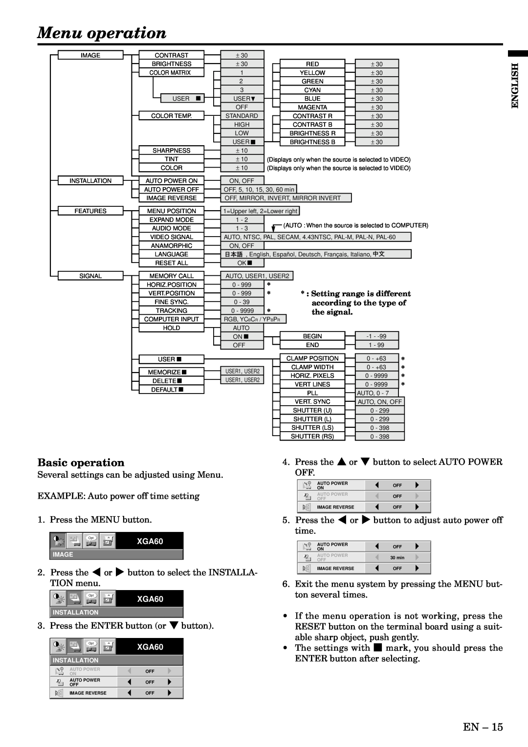Mitsubishi Electronics LVP-SA51U user manual Menu operation, XGA60, Image, Installation 