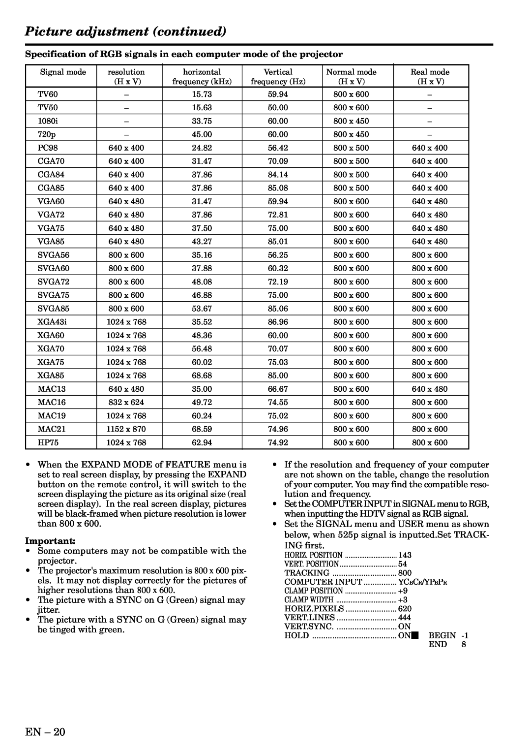 Mitsubishi Electronics LVP-SA51U user manual Picture adjustment continued 