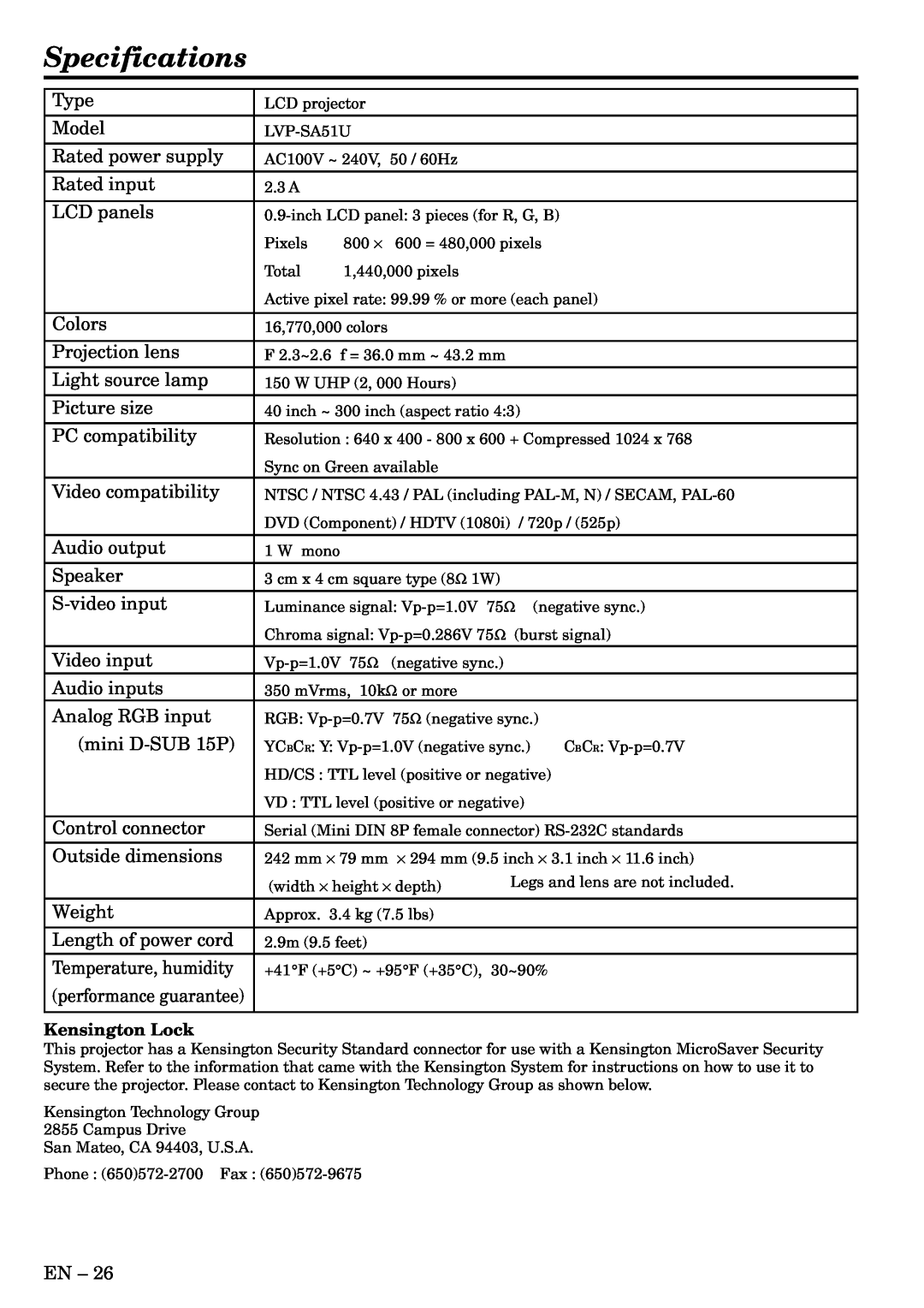 Mitsubishi Electronics LVP-SA51U user manual Specifications, Kensington Lock 