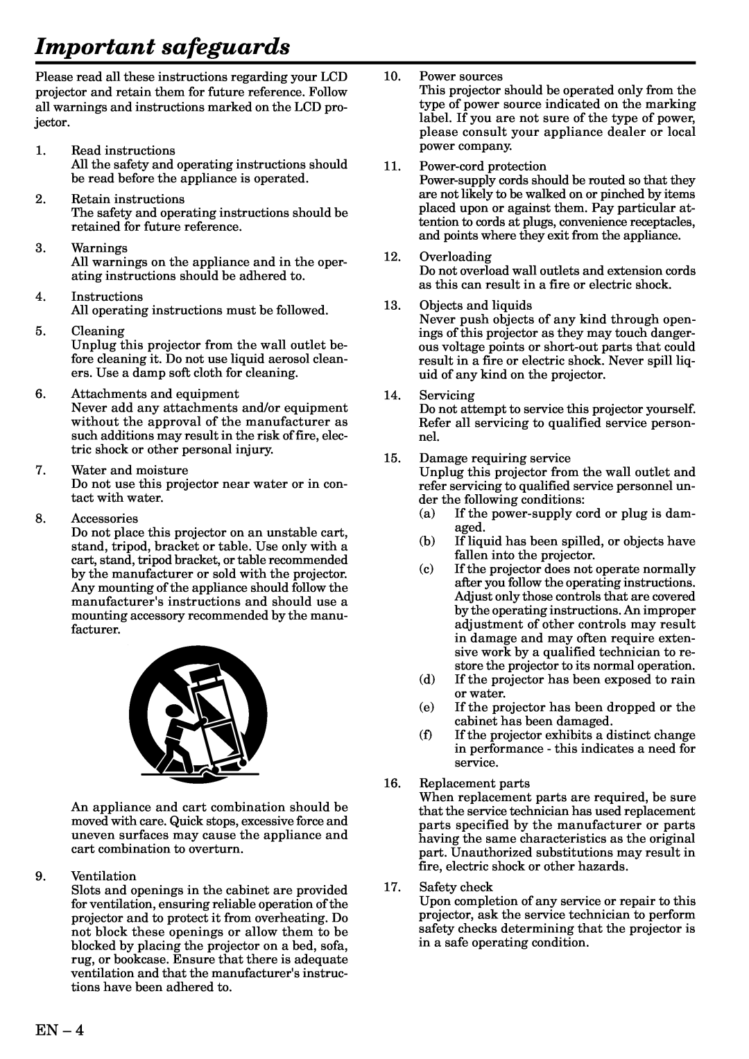 Mitsubishi Electronics LVP-SA51U user manual Important safeguards 