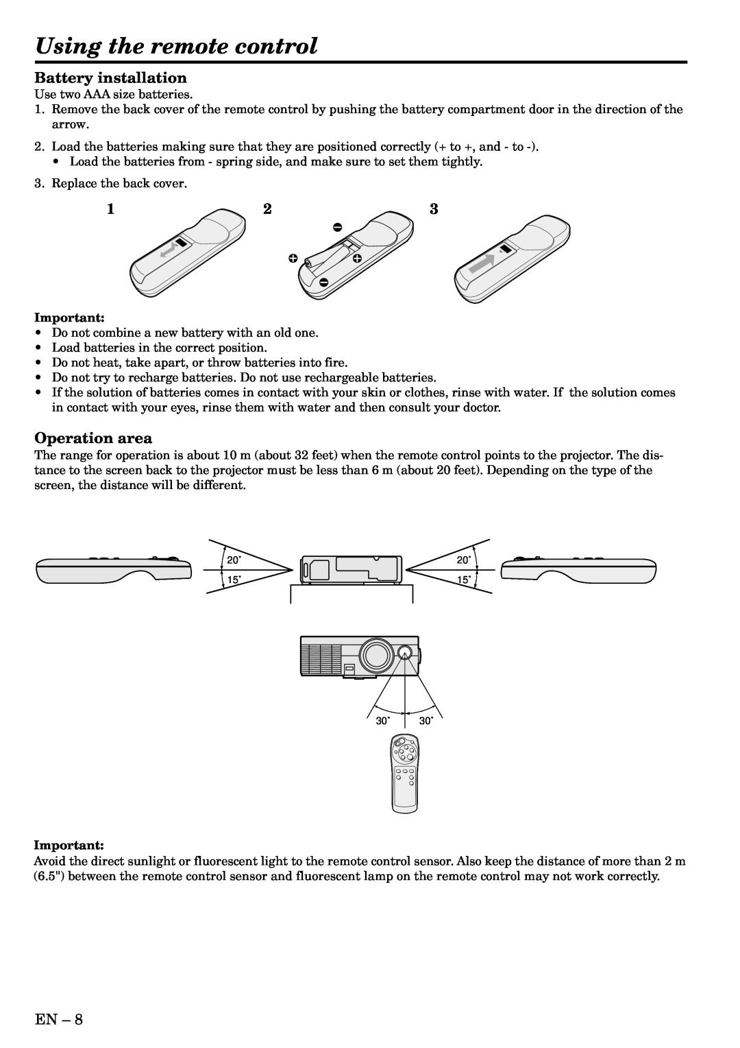 Mitsubishi Electronics LVP-SA51U user manual Using the remote control, Battery installation, Operation area 