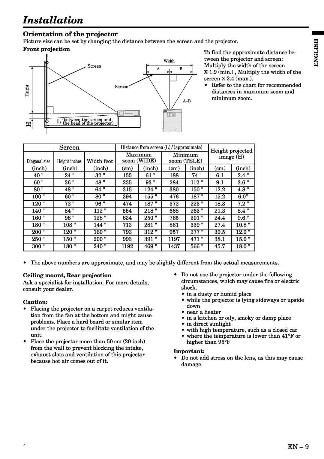 Mitsubishi Electronics LVP-SA51U user manual Installation, Orientation of the projector 
