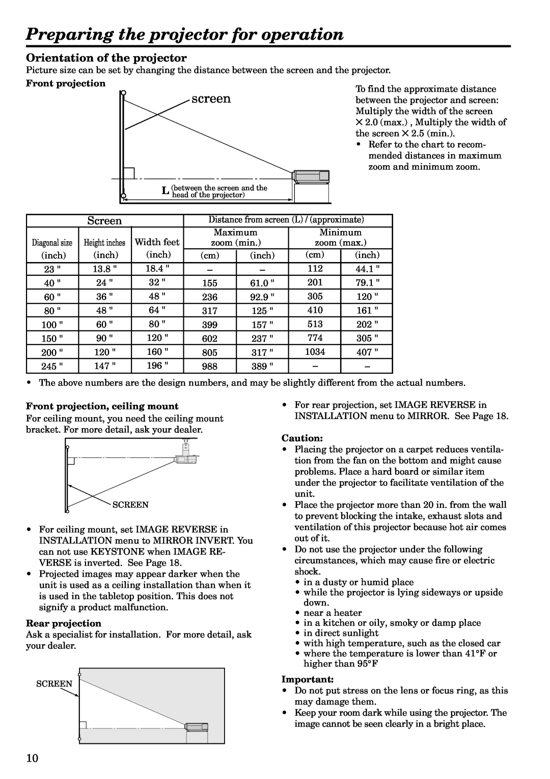 Mitsubishi Electronics LVP-X120A user manual Preparing the projector for operation, screen, Orientation of the projector 