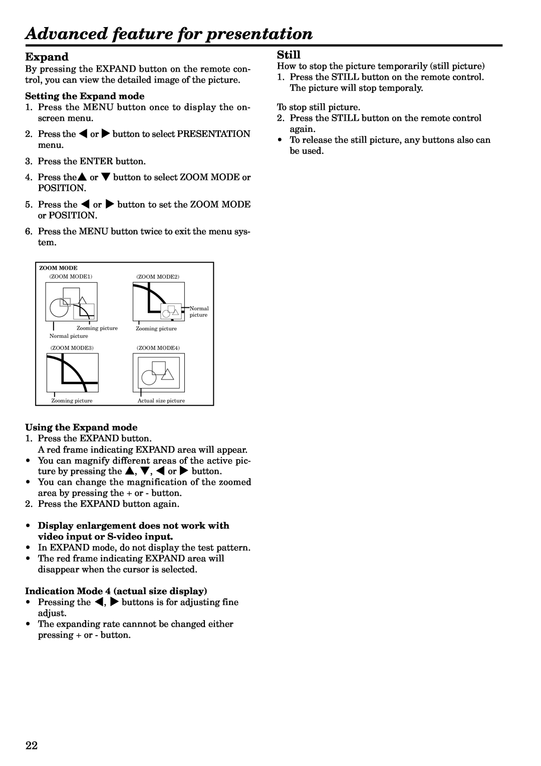 Mitsubishi Electronics LVP-X120A user manual Advanced feature for presentation, Still, Setting the Expand mode 