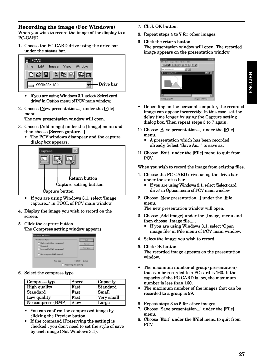 Mitsubishi Electronics LVP-X120A user manual Recording the image For Windows, English 
