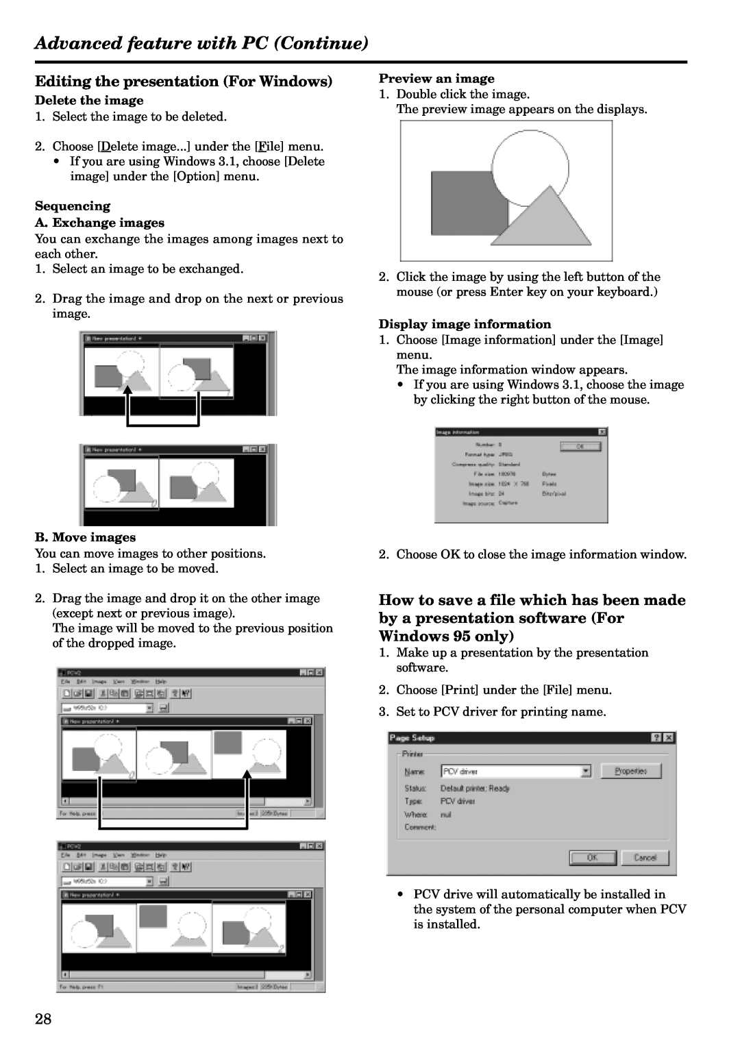 Mitsubishi Electronics LVP-X120A Editing the presentation For Windows, Advanced feature with PC Continue, Delete the image 