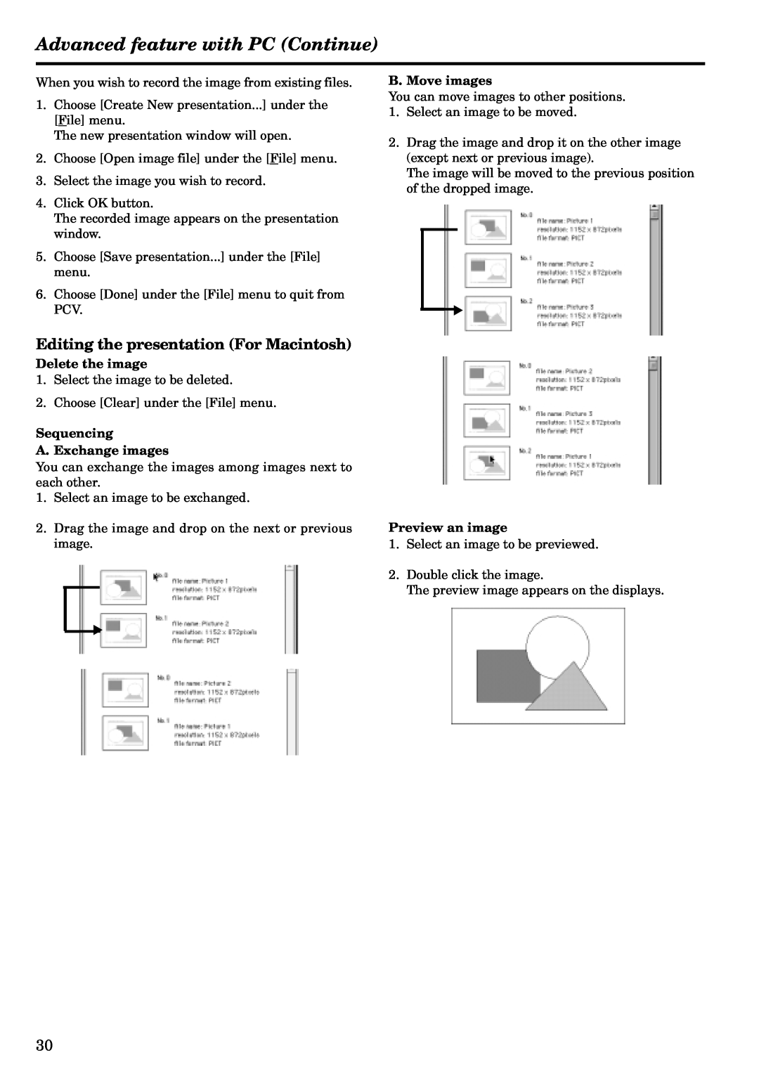 Mitsubishi Electronics LVP-X120A Editing the presentation For Macintosh, Advanced feature with PC Continue, B. Move images 