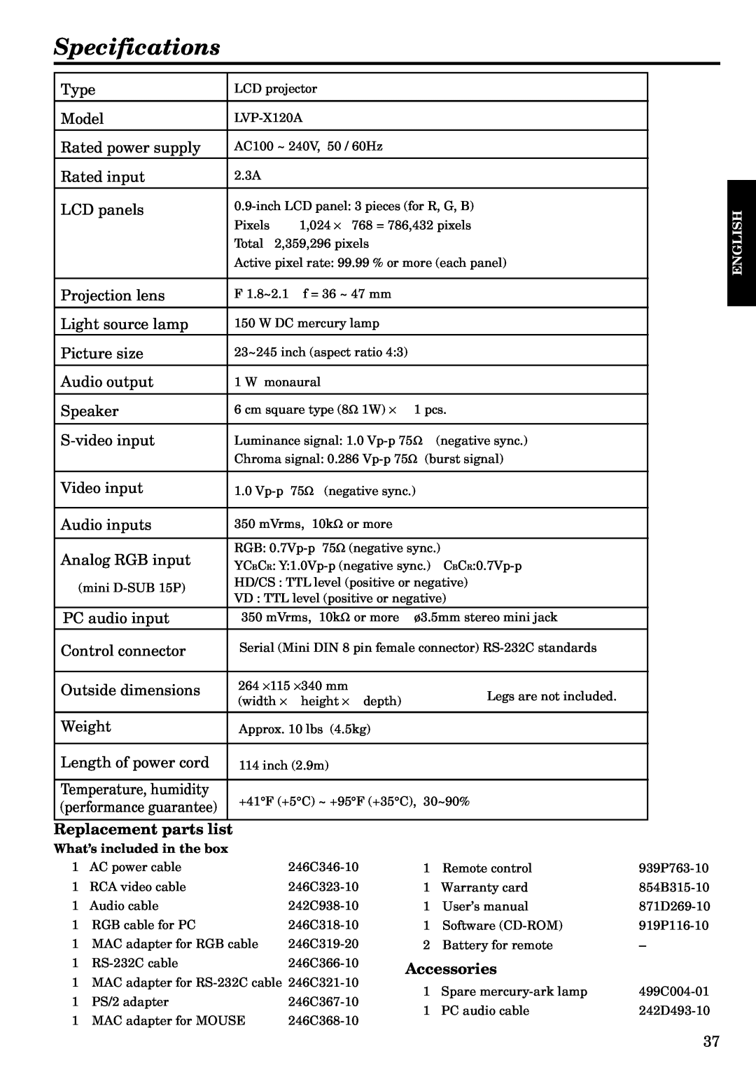 Mitsubishi Electronics LVP-X120A user manual Specifications, Replacement parts list, Accessories 