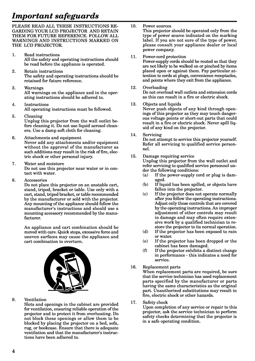 Mitsubishi Electronics LVP-X120A user manual Important safeguards 